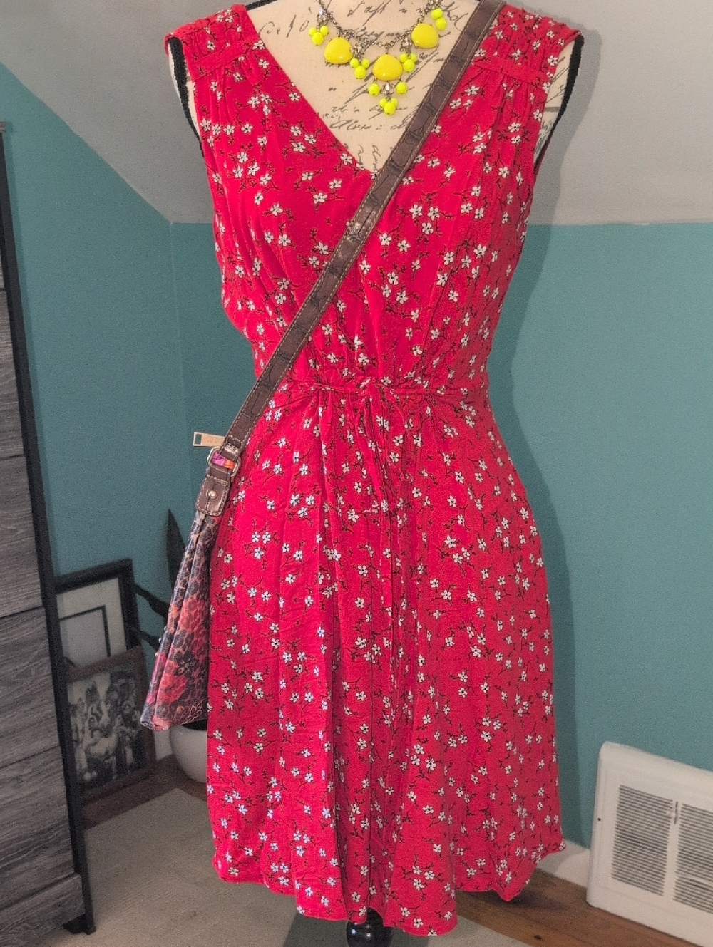 Red Floral Wrap Midi Dress with Tie Waist